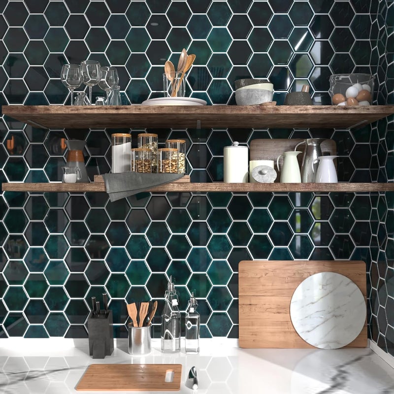 CRE8TIVE 16 Sheets Hexagon Peel and Stick Tiles Backsplash for Kitchen Wall 12"x12" Black Splash Stick on Tile Stickers Self Adhesive Emerald Green Wall Tiles 3D Wall Panels for Bathroom Laundry Room - Image 3