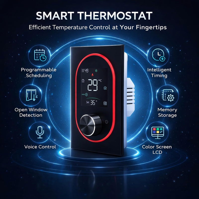 Smart Color Thermostat, Programmable Touchscreen LCD with Knob Control, 95V to 240V White - App Remote Control, Energy Saving Eco Mode, Ideal for Home and Office AC (Type 2) - Image 2