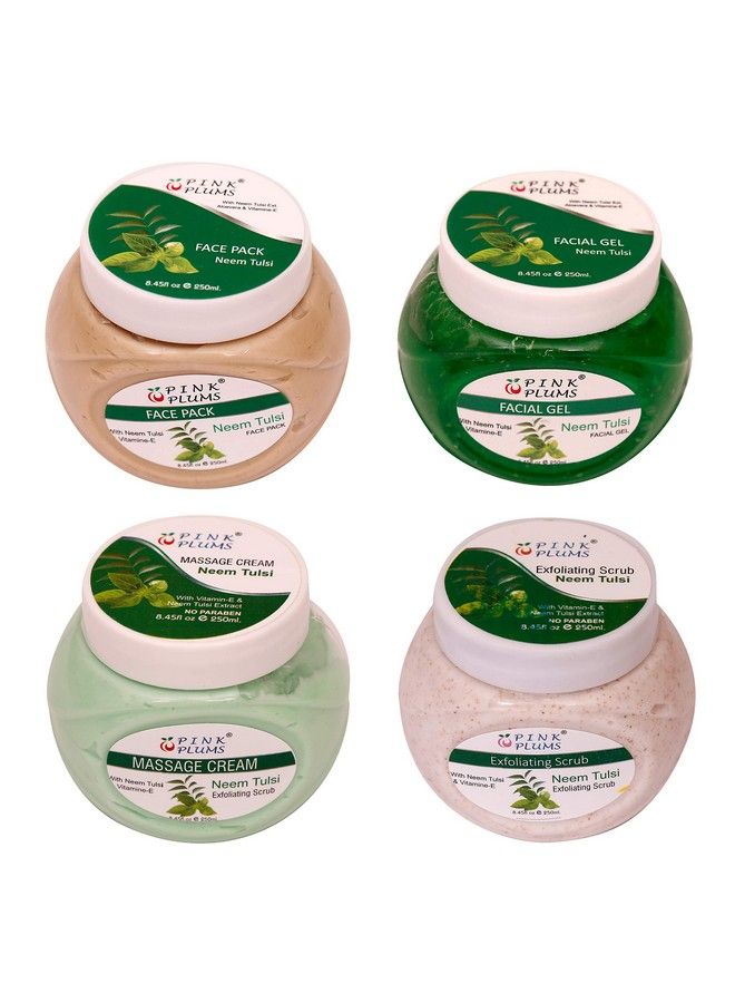 Pink Plums Neemtulsi Face Packfacial Gelmassage Cream And Scrub For Face With Vitamin E 250 Ml Each (Combo Pack4) - Image 1