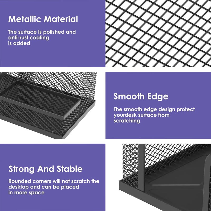 windforgecraft Desk Organizer Set 6 Pieces Mesh Desk Pen Organizer Set Includes 3 Compartments Mesh Pencil Holder Round Mesh Pencil Cup Holder Pen Holder Cup Mesh Business Card Stand for Desk Accessories (Black) - Image 4