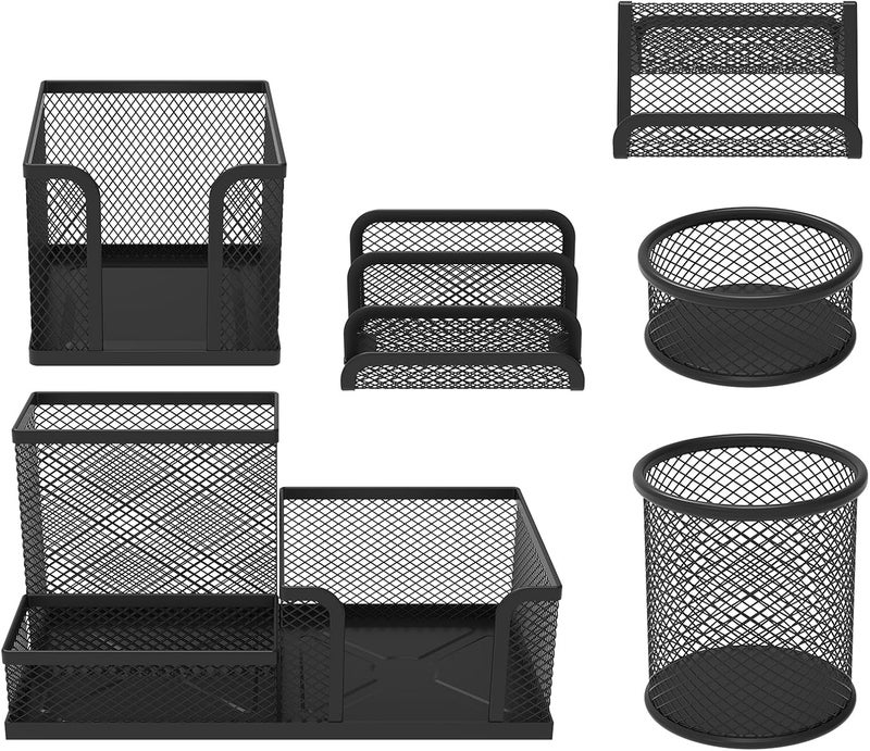 windforgecraft Desk Organizer Set 6 Pieces Mesh Desk Pen Organizer Set Includes 3 Compartments Mesh Pencil Holder Round Mesh Pencil Cup Holder Pen Holder Cup Mesh Business Card Stand for Desk Accessories (Black) - Image 1