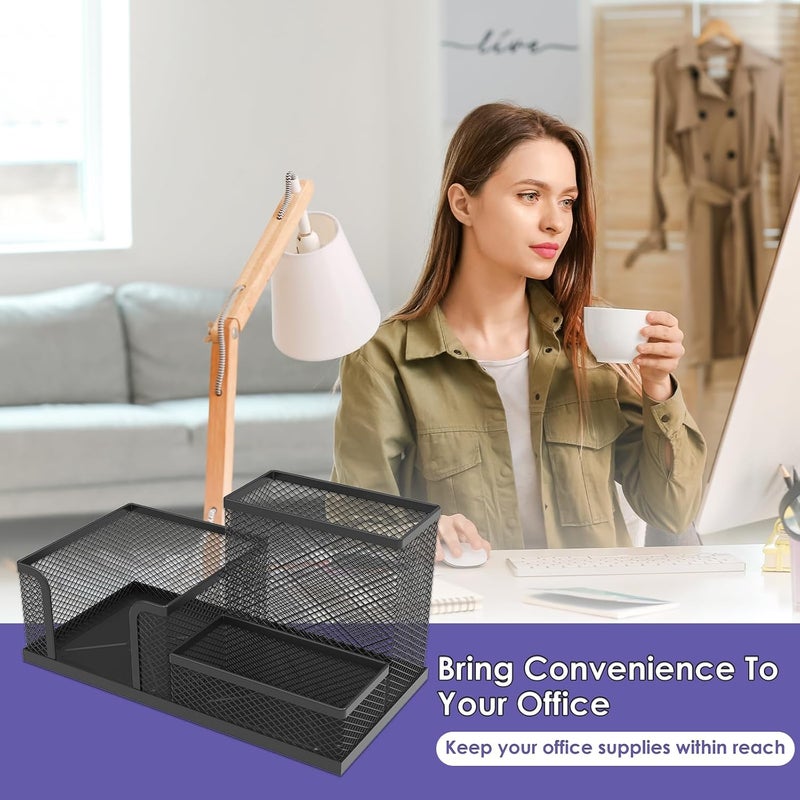 windforgecraft Desk Organizer Set 6 Pieces Mesh Desk Pen Organizer Set Includes 3 Compartments Mesh Pencil Holder Round Mesh Pencil Cup Holder Pen Holder Cup Mesh Business Card Stand for Desk Accessories (Black) - Image 3