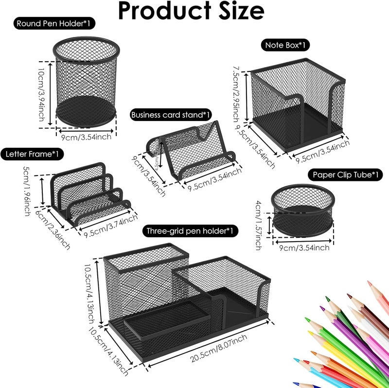 windforgecraft Desk Organizer Set 6 Pieces Mesh Desk Pen Organizer Set Includes 3 Compartments Mesh Pencil Holder Round Mesh Pencil Cup Holder Pen Holder Cup Mesh Business Card Stand for Desk Accessories (Black) - Image 2