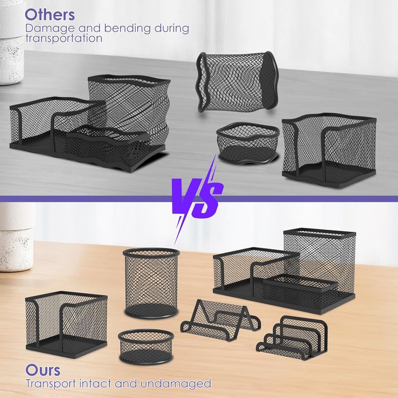 windforgecraft Desk Organizer Set 6 Pieces Mesh Desk Pen Organizer Set Includes 3 Compartments Mesh Pencil Holder Round Mesh Pencil Cup Holder Pen Holder Cup Mesh Business Card Stand for Desk Accessories (Black) - Image 5