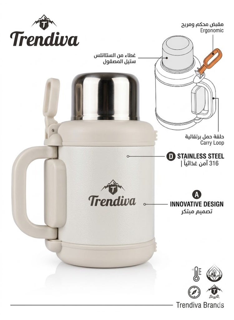 Trendiva 2L Vacuum Insulated Camping Flask, Cream White – 316 Food Grade Stainless Steel Thermos Water Bottle with Ergonomic Handle & Carry Loop | Double Wall Thermal Travel Mug for Coffee, Tea, Hot & Cold Drinks