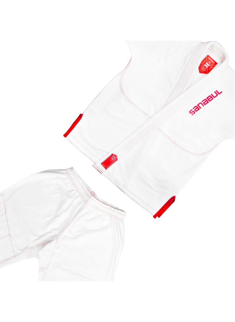 Sanabul  - Future Legends Bjj Gi For Kids | Premium Youth Brazilian Jiu Jitsu Gi With Free White Belt | Lightweight & Durable Jiu Jitsu Kimono For Children And Youth (White/Red, K0) - Image 1