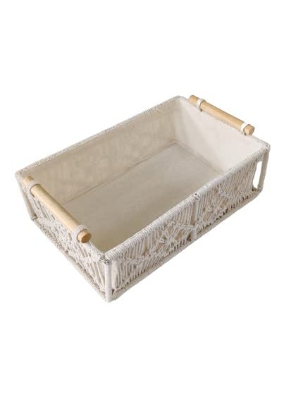 SIDRA SIDRA Handmade Macrame Basket with Wooden Handles, Boho Cotton Lined Decorative Organizer, Hamper for Home Decor, Gift Marriage Party Function Living Room Decoration, Off-White 1 - Piece Style-02  - Image 1