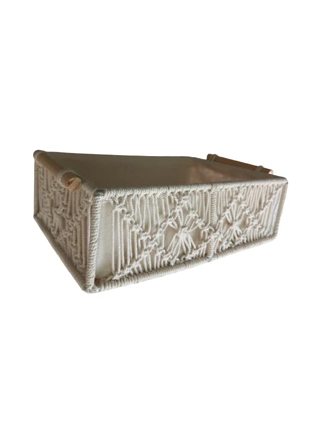 SIDRA SIDRA Handmade Macrame Basket with Wooden Handles, Boho Cotton Lined Decorative Organizer, Hamper for Home Decor, Gift Marriage Party Function Living Room Decoration, Off-White 1 - Piece Style-02  - Image 5