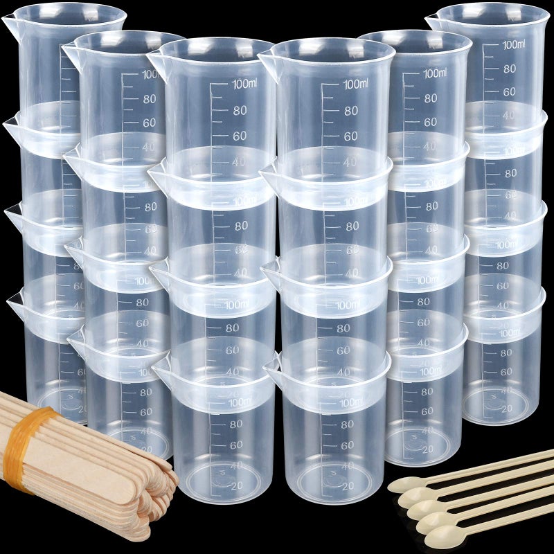 LEOBRO 24 PCS 100ml Resin Measuring Cups with 35PCS Mixing Sticks Graduated Epoxy Resin Mixing Cups Small Plastic Beakers Plastic Measuring Cup for Paint Art Craft Soap Candle Tumbler Making