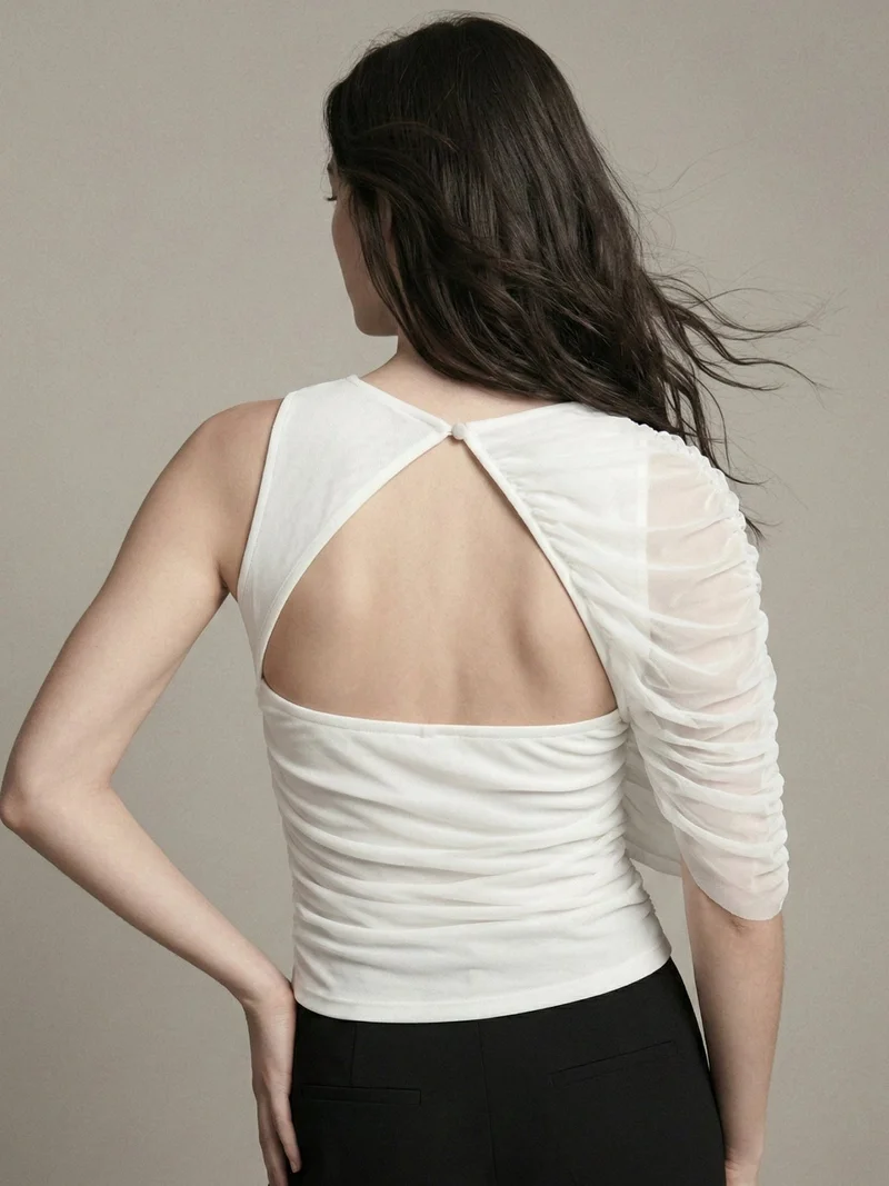 Outzidr  White Cape Detail Mesh Top for Women | Best Price UAE