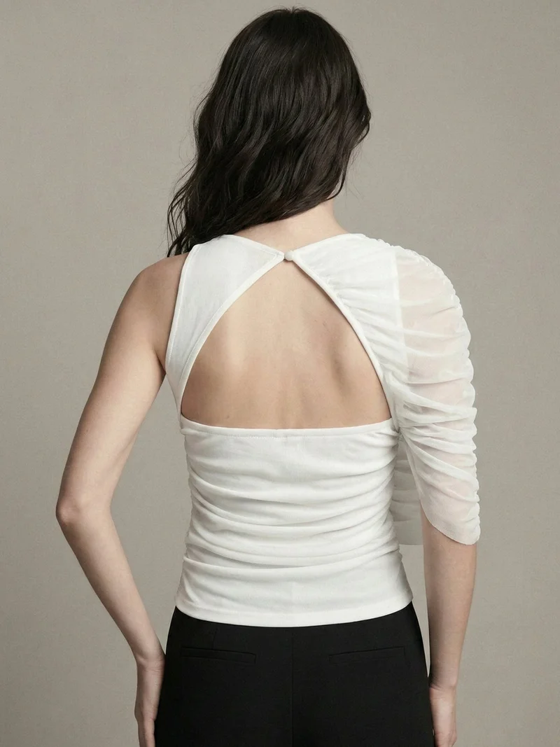 Outzidr  White Cape Detail Mesh Top for Women | Best Price UAE