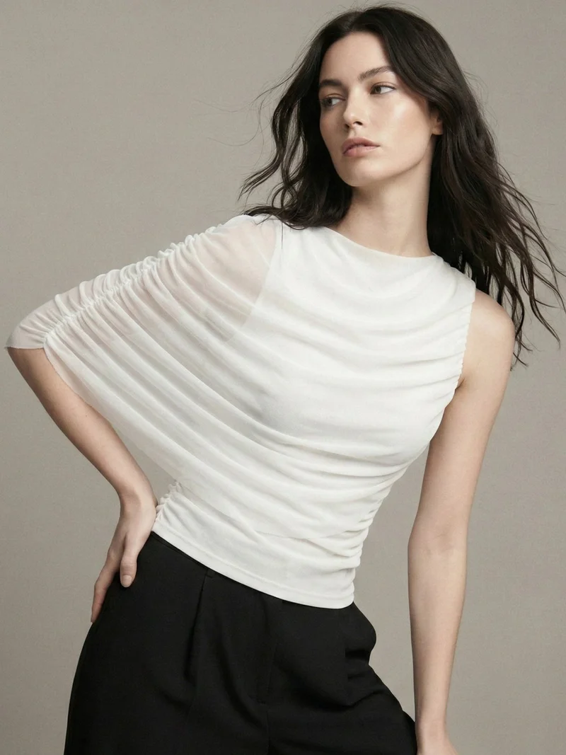 Outzidr  White Cape Detail Mesh Top for Women | Best Price UAE