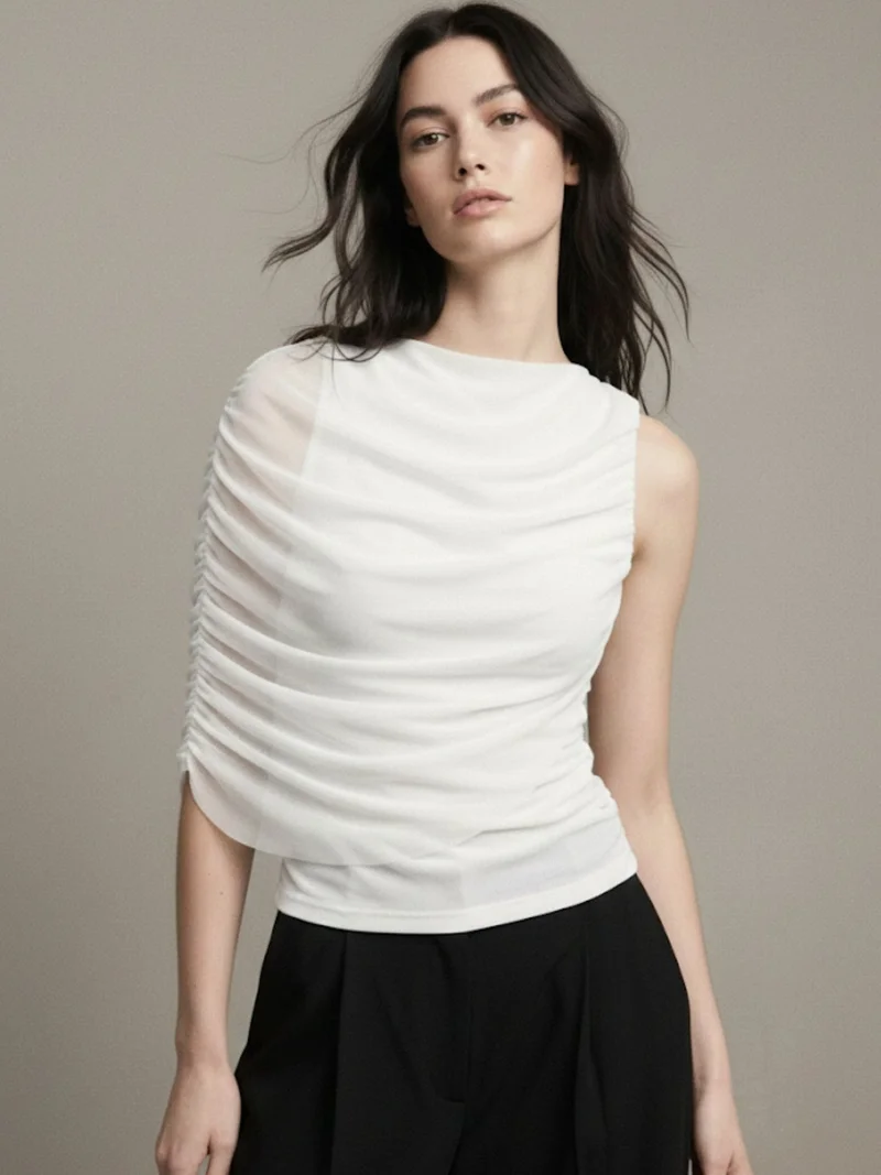 Outzidr  White Cape Detail Mesh Top for Women | Best Price UAE