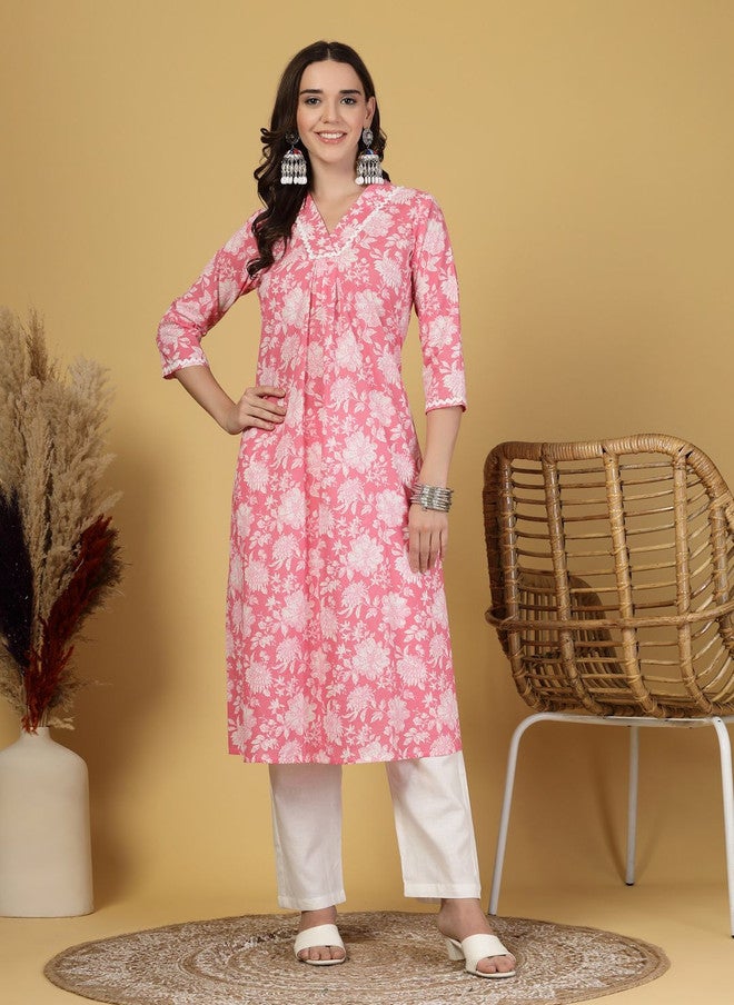 LARGISH Floral Printed V-Neck Pure Cotton A-Line Kurta in Pastel Pink - Image 1
