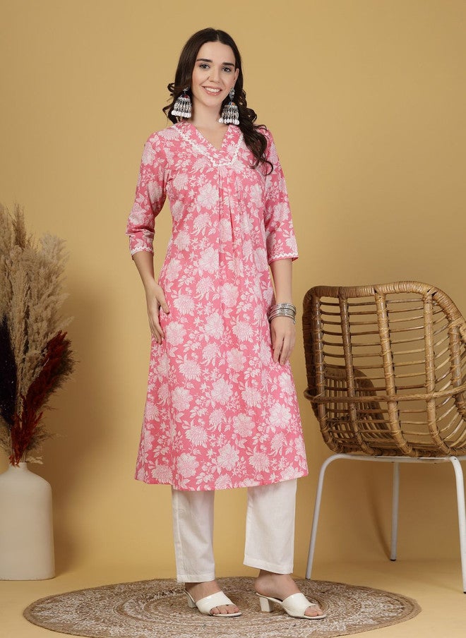 LARGISH Floral Printed V-Neck Pure Cotton A-Line Kurta in Pastel Pink - Image 3