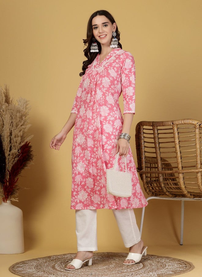 LARGISH Floral Printed V-Neck Pure Cotton A-Line Kurta in Pastel Pink - Image 5