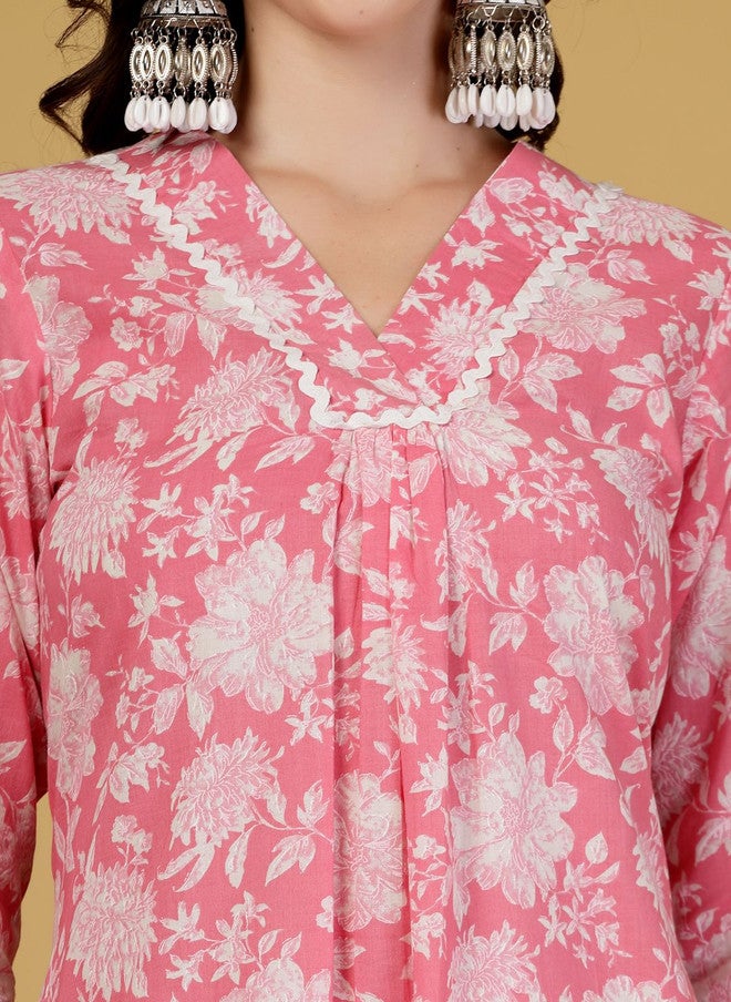LARGISH Floral Printed V-Neck Pure Cotton A-Line Kurta in Pastel Pink - Image 2