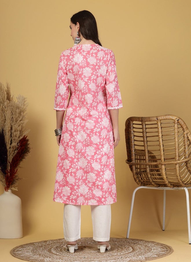 LARGISH Floral Printed V-Neck Pure Cotton A-Line Kurta in Pastel Pink - Image 4
