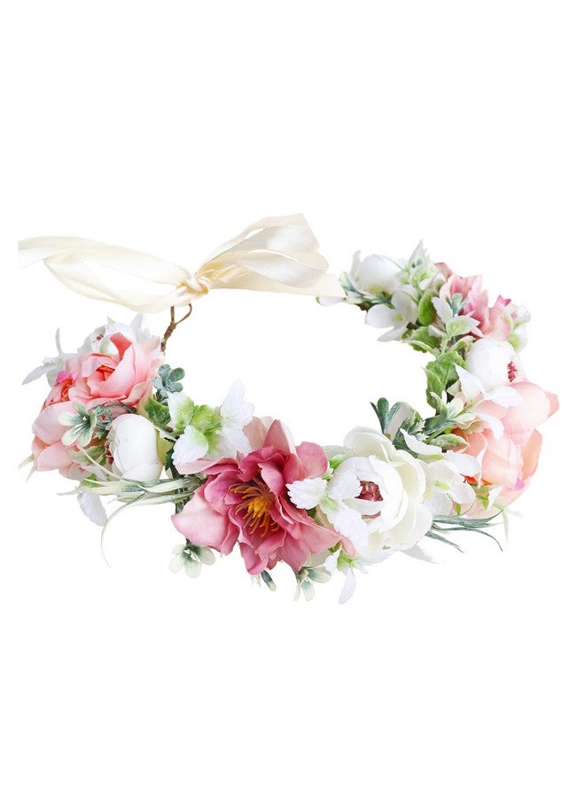 LLinfflr Bridal Flower Headband Women Floral Crown Hair Wreath Flower Headpiece Halo Boho Party Prom Wedding Photos Pink - Image 1