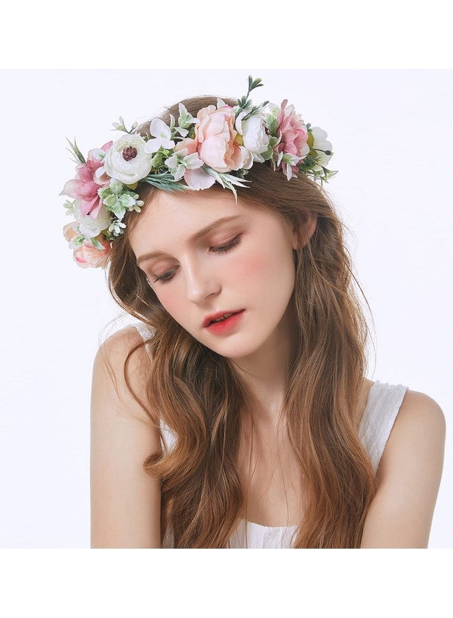 LLinfflr Bridal Flower Headband Women Floral Crown Hair Wreath Flower Headpiece Halo Boho Party Prom Wedding Photos Pink - Image 2