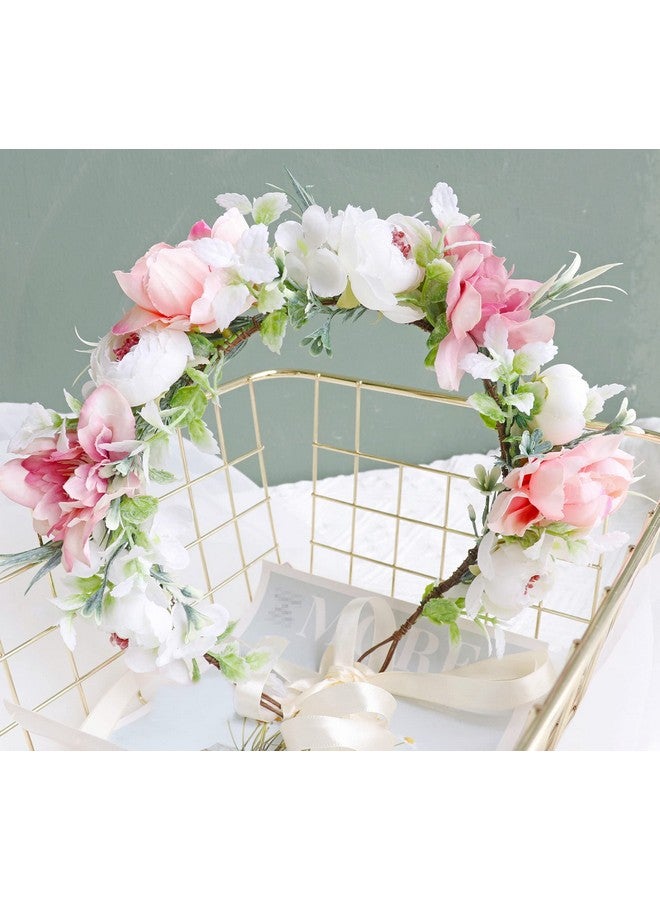 LLinfflr Bridal Flower Headband Women Floral Crown Hair Wreath Flower Headpiece Halo Boho Party Prom Wedding Photos Pink - Image 3