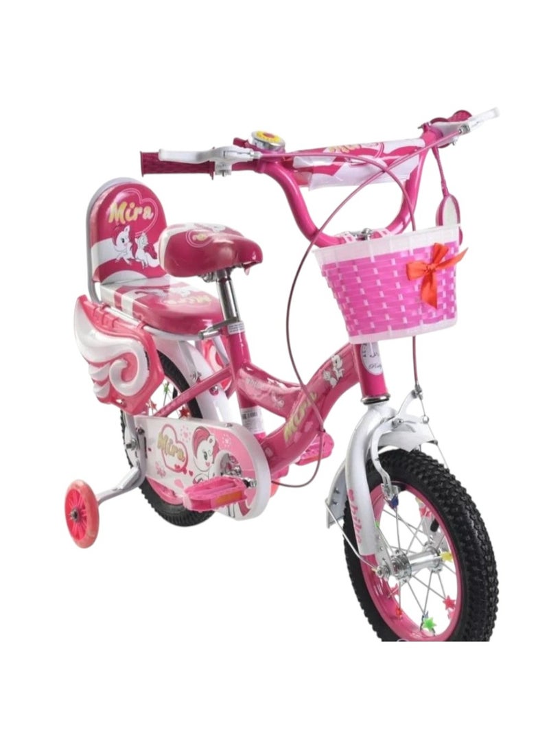 ميرا دراجة للبنات - ١٢ بوصة مع عجلات تدريب وسلة أمامية، لون وردي - Image 1