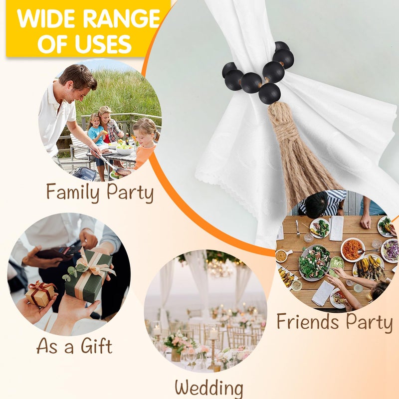Meplait 6 Pieces Wooden Bead Napkin Rings, Farmhouse Stretchable Napkin Ring with Tassel Boho Napkin Rings for Dining Table,Wedding Decoration (Black) - Image 4