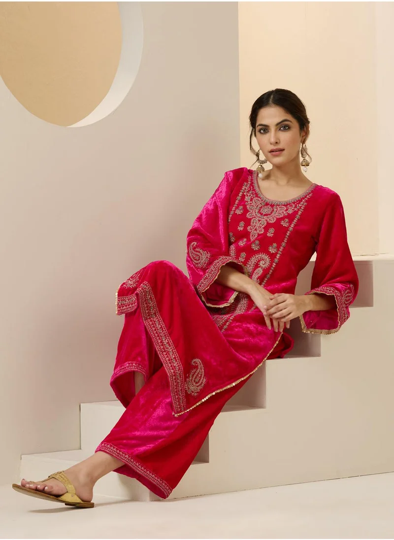آي شين Women's Pink Velvet Embroidered Tunic Full Length Palazzo Straight Fit Kurta Set