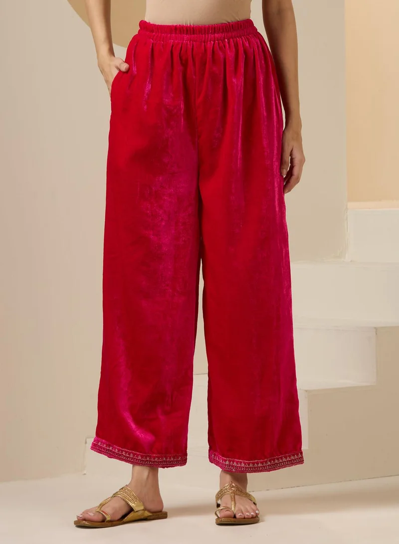 ISHIN Women's Pink Velvet Embroidered Tunic Full Length Palazzo Straight Fit Kurta Set