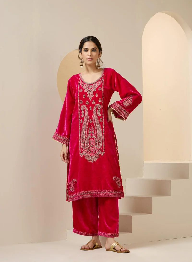 ISHIN Women's Pink Velvet Embroidered Tunic Full Length Palazzo Straight Fit Kurta Set