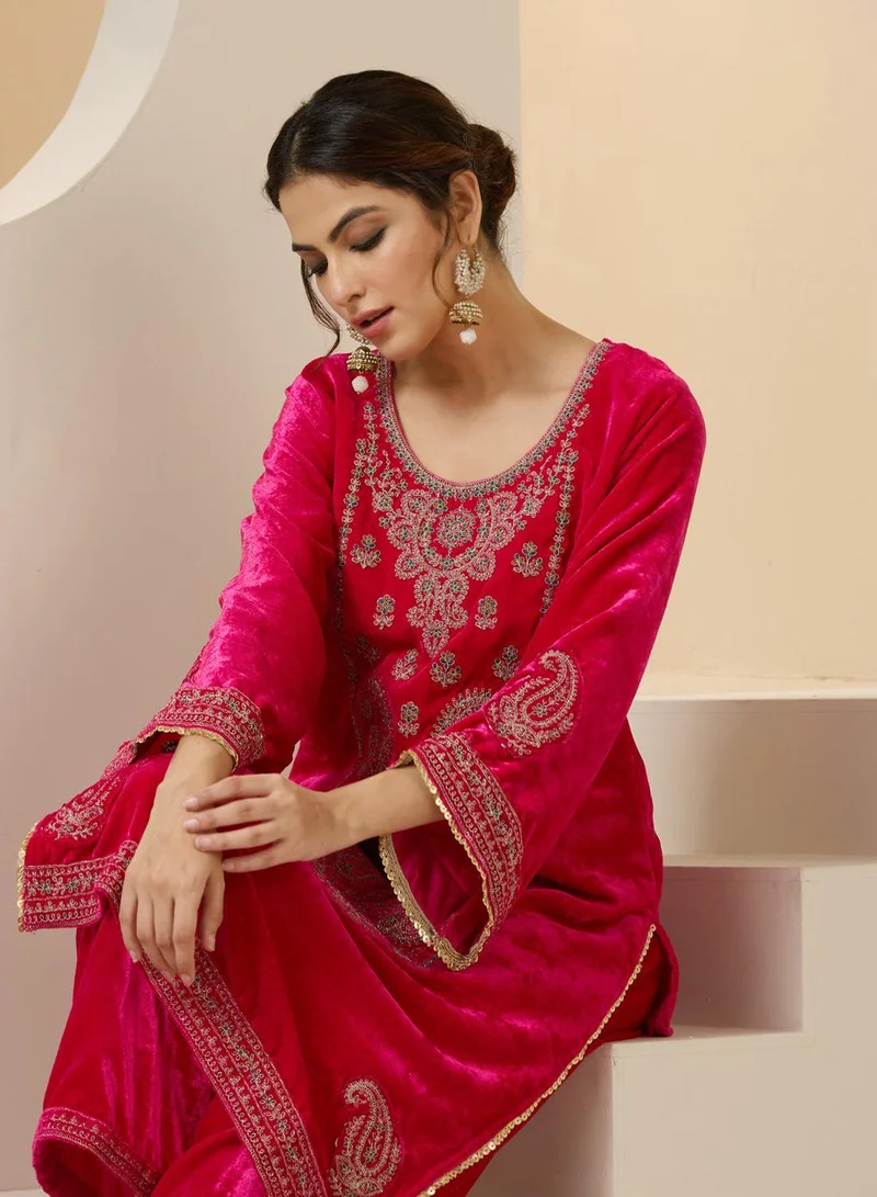 ISHIN Women's Pink Velvet Embroidered Tunic Full Length Palazzo Straight Fit Kurta Set