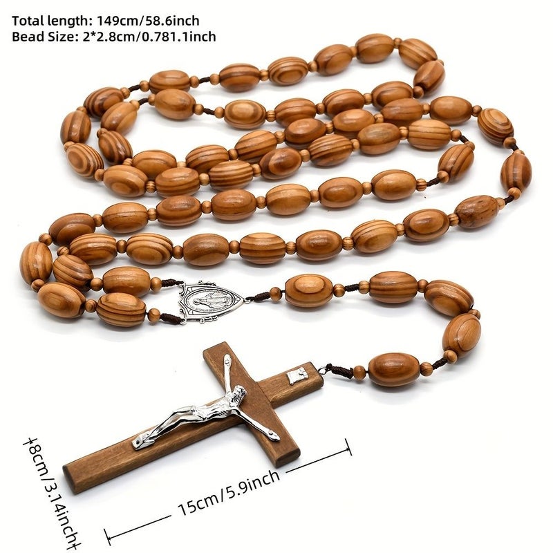 Extra Large Oval Bead Sacred Wall Rosary With Natural Wooden Cross 43 Inches - Image 3