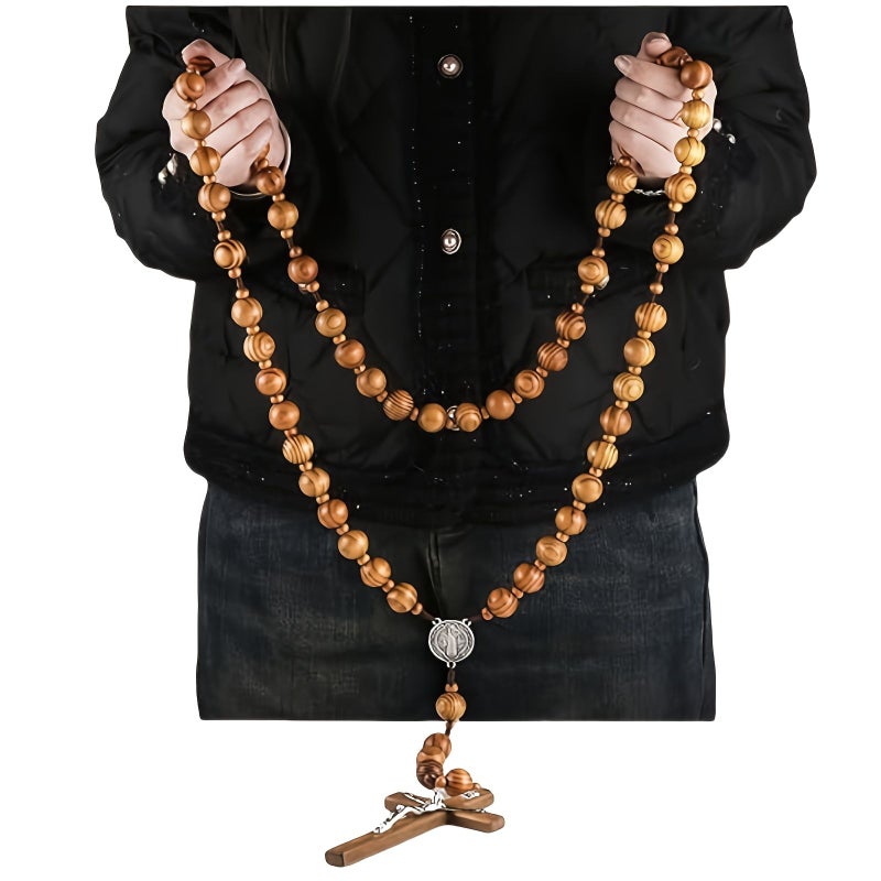 Extra Large Oval Bead Sacred Wall Rosary With Natural Wooden Cross 43 Inches - Image 1