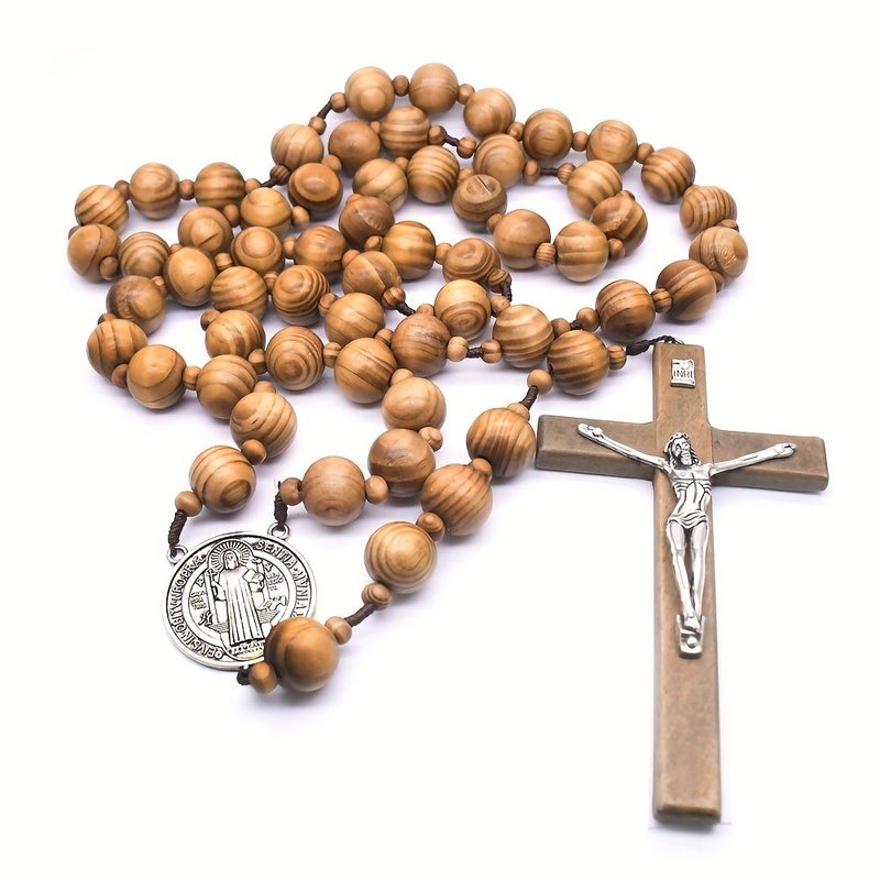Extra Large Oval Bead Sacred Wall Rosary With Natural Wooden Cross 43 Inches - Image 2