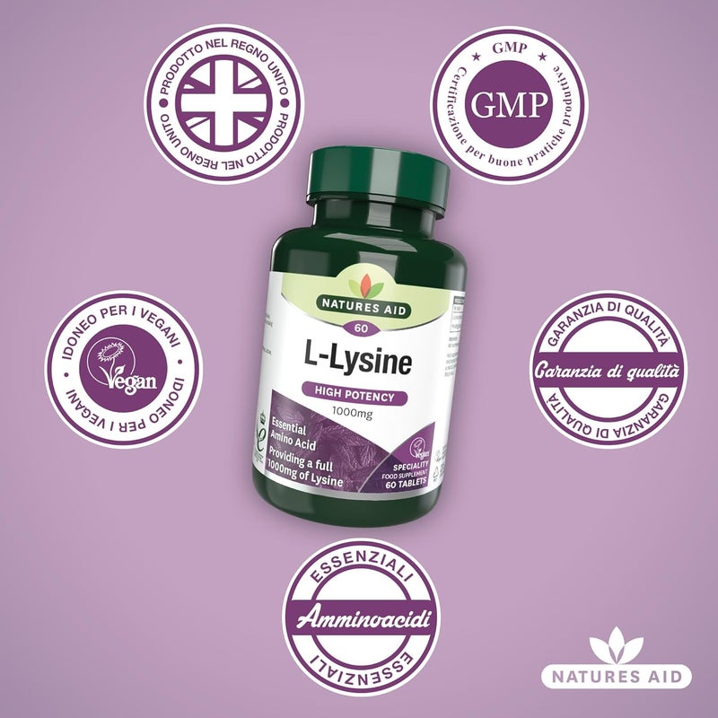 Natures Aid LLysine 1000mg High Strength Essential Amino Acid Supports Immune System Muscle Recovery Collagen Bone Health Energy Vegan GlutenFree 60 Tablets - Image 4
