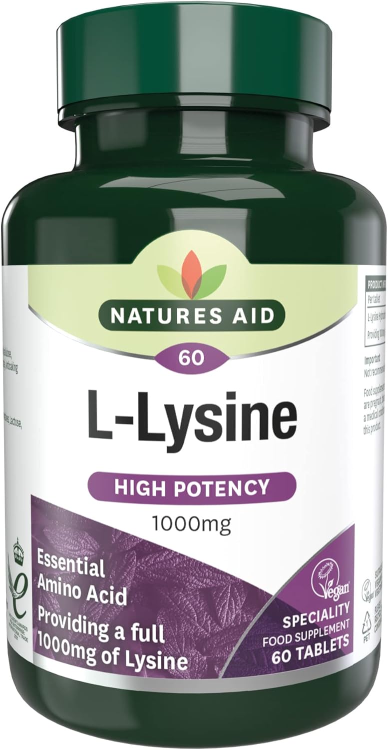Natures Aid LLysine 1000mg High Strength Essential Amino Acid Supports Immune System Muscle Recovery Collagen Bone Health Energy Vegan GlutenFree 60 Tablets - Image 1