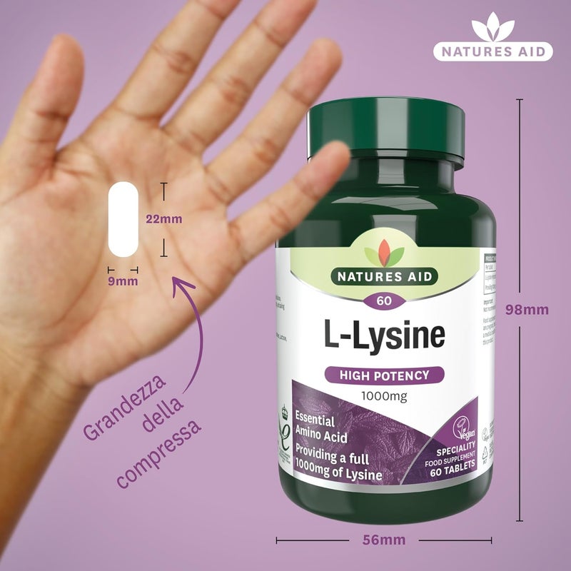 Natures Aid LLysine 1000mg High Strength Essential Amino Acid Supports Immune System Muscle Recovery Collagen Bone Health Energy Vegan GlutenFree 60 Tablets - Image 3