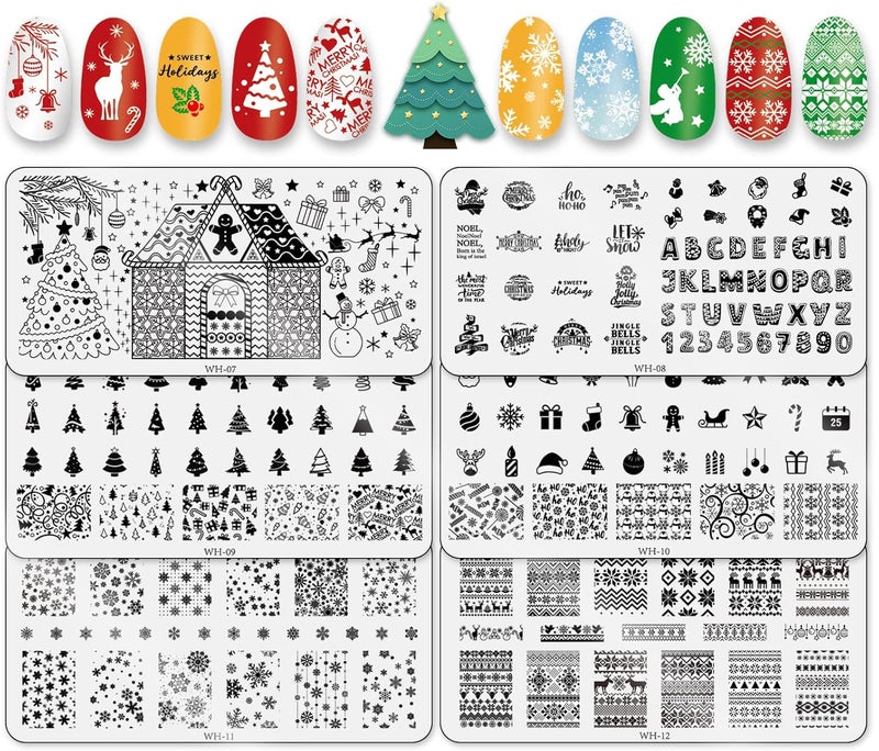 Whaline 6 Pieces Christmas Nail Art Stamping Plates Kit Christmas Tree Snowflakes Gingerbread Sweater Image Stamp Templates Holiday Nail Art Plates for Xmas DIY Print Manicure Salon Design Gift