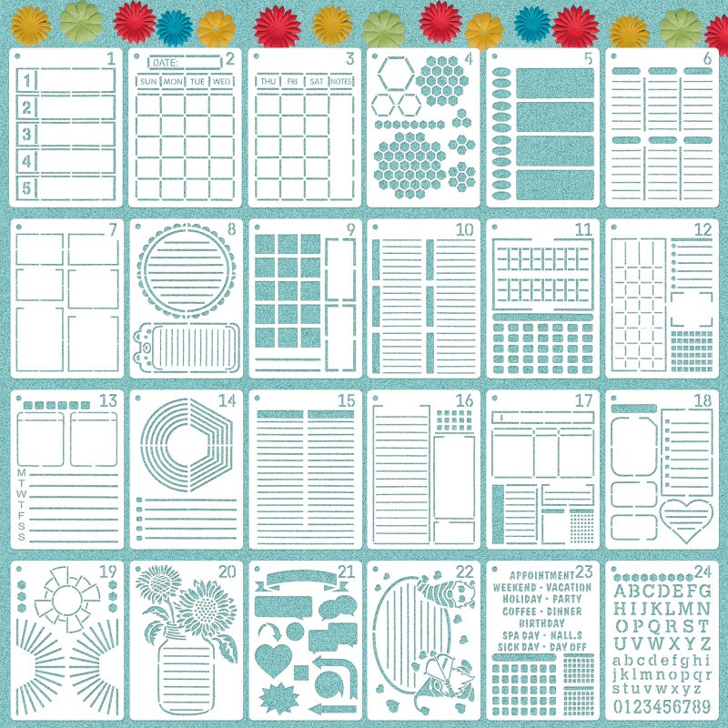 Felixcraft Journal Stencils, 24PCS 7x5 Planner Stencils for Crafts Reusable, Layout & Tracker Patterns, for Daily Planner, Weekly Schedule, Habit Tracker, Study Notes, Meeting Minutes & Personal Diary - Image 1