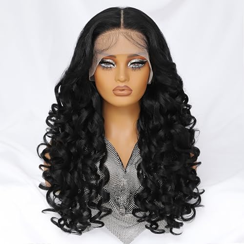 Felek 13x6 Synthetic Lace Front Wig Loose Wave HD Transparent Lace Frontal Wigs Pre Plucked Wear and Go Glueless Wigs for Black and White Women 24 inch Long Curly Wig Off Black 1B - Image 1