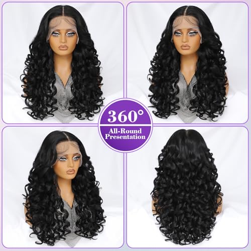 Felek 13x6 Synthetic Lace Front Wig Loose Wave HD Transparent Lace Frontal Wigs Pre Plucked Wear and Go Glueless Wigs for Black and White Women 24 inch Long Curly Wig Off Black 1B - Image 3