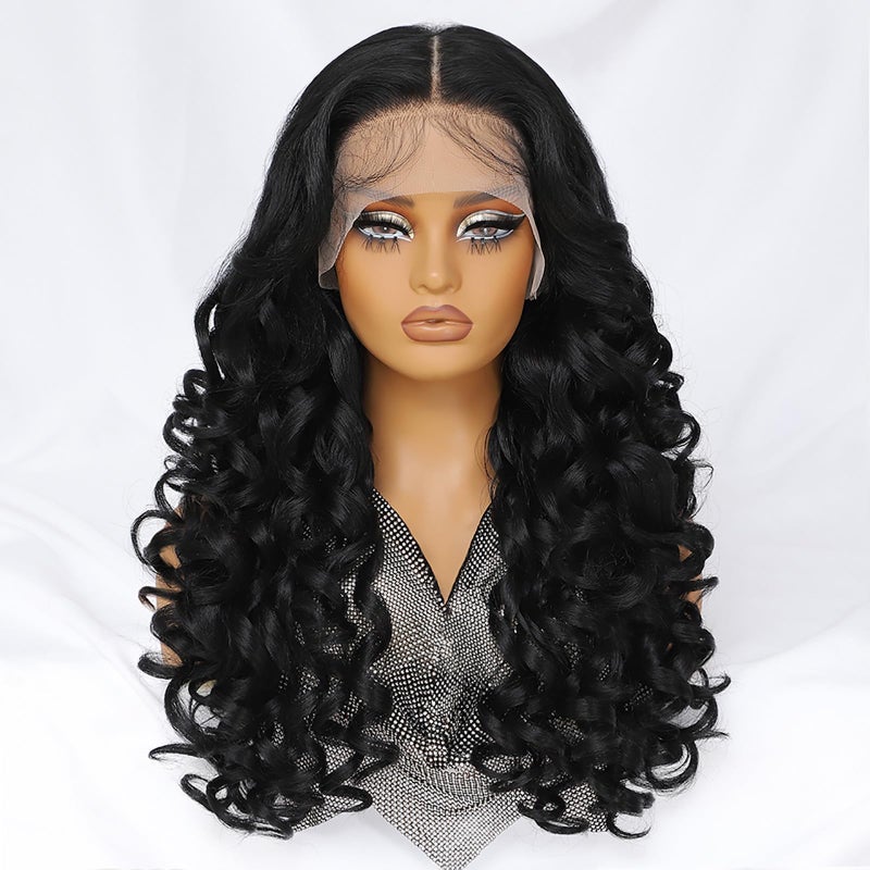 Felek 13x6 Synthetic Lace Front Wig Loose Wave HD Transparent Lace Frontal Wigs Pre Plucked Wear and Go Glueless Wigs for Black and White Women 24 inch Long Curly Wig Off Black 1B - Image 2