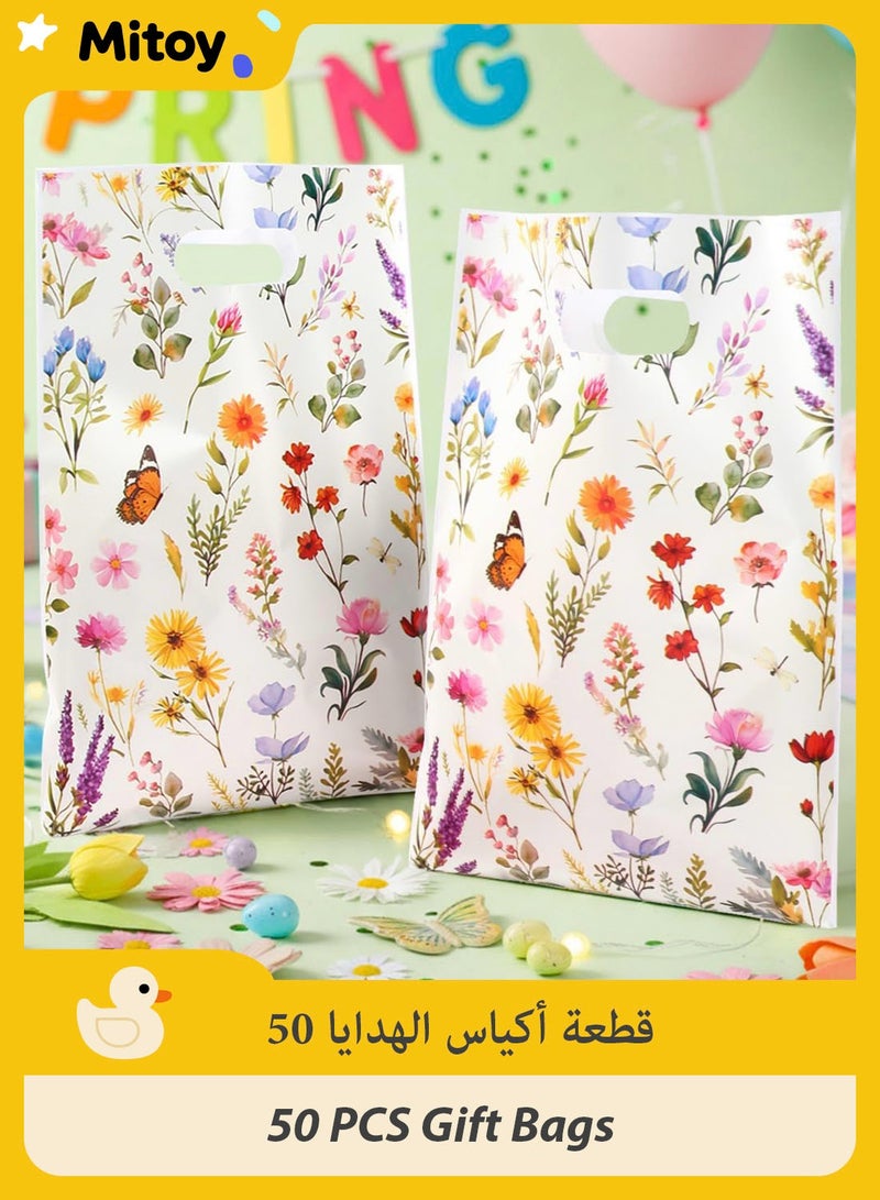Mitoy 50 Pcs Spring Retro Wildflower Theme Goodie Bags, Reusable Party Favor Bags with Handles, Floral Butterfly Plastic Treat Gift Bag for Birthday Wedding Bridal Baby Shower Party Supplies - Image 1