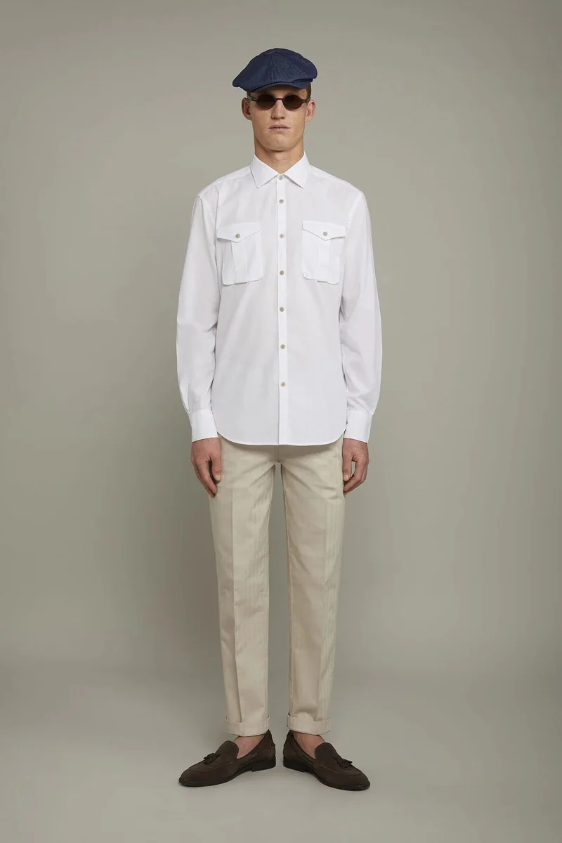 دوبل غانغر Men's casual shirt classic collar 100% cotton denim fabric comfort fit - White