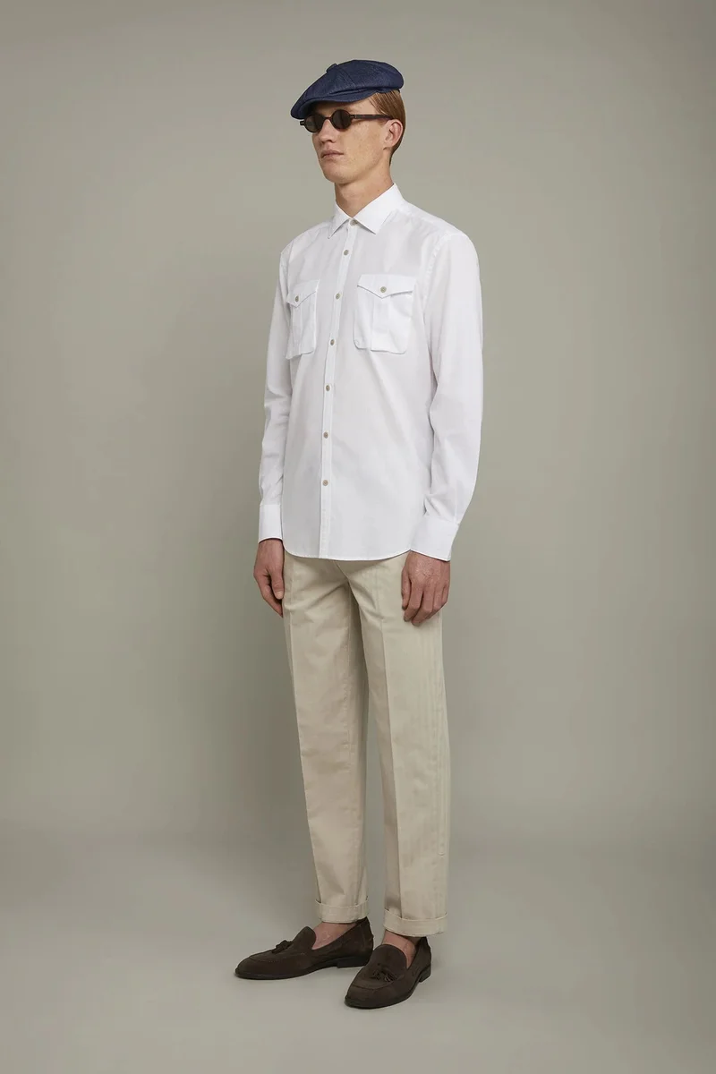 دوبل غانغر Men's casual shirt classic collar 100% cotton denim fabric comfort fit - White