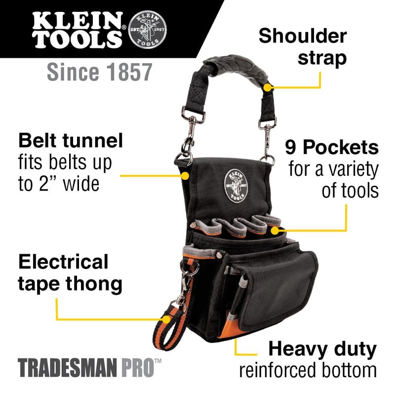 Klein Tools 5242 Tool Pouch, Tradesman Pro tool Pouch with Electrical Tape Thong, Reinforced Bottom, 9 Pockets - Image 2