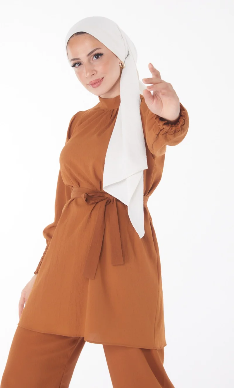 Tofisa Plain Judge Collar Women's Tan Tunic + Trousers - 13019