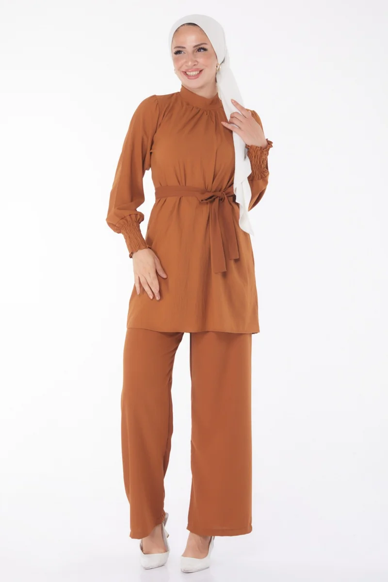 Tofisa Plain Judge Collar Women's Tan Tunic + Trousers - 13019