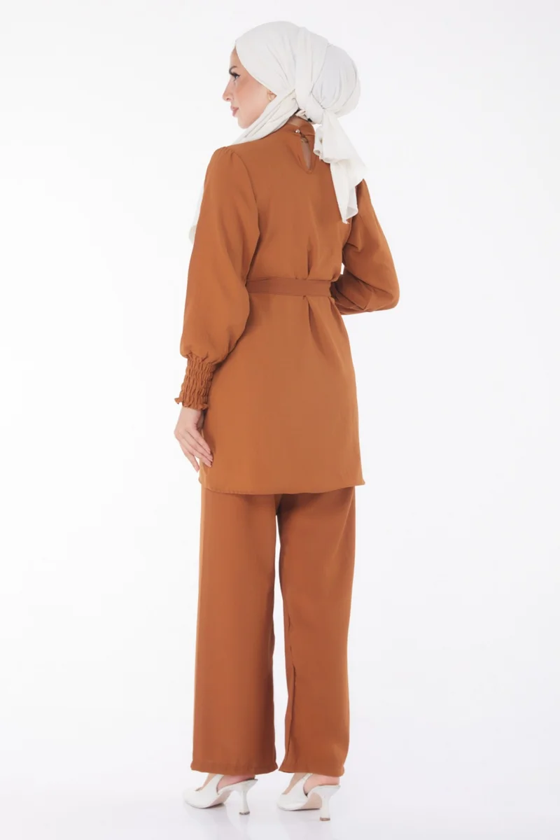 Tofisa Plain Judge Collar Women's Tan Tunic + Trousers - 13019