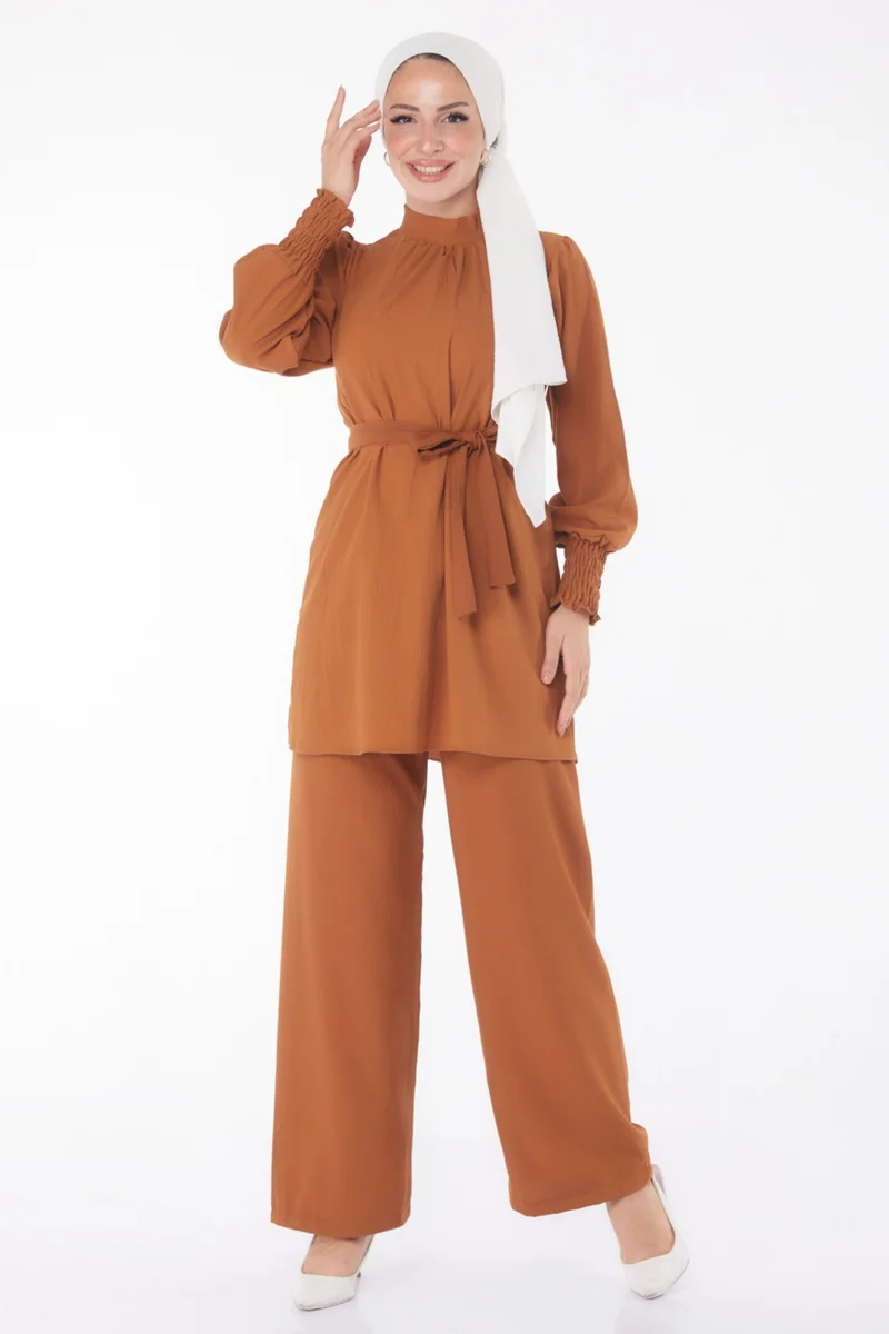 Tofisa Plain Judge Collar Women's Tan Tunic + Trousers - 13019
